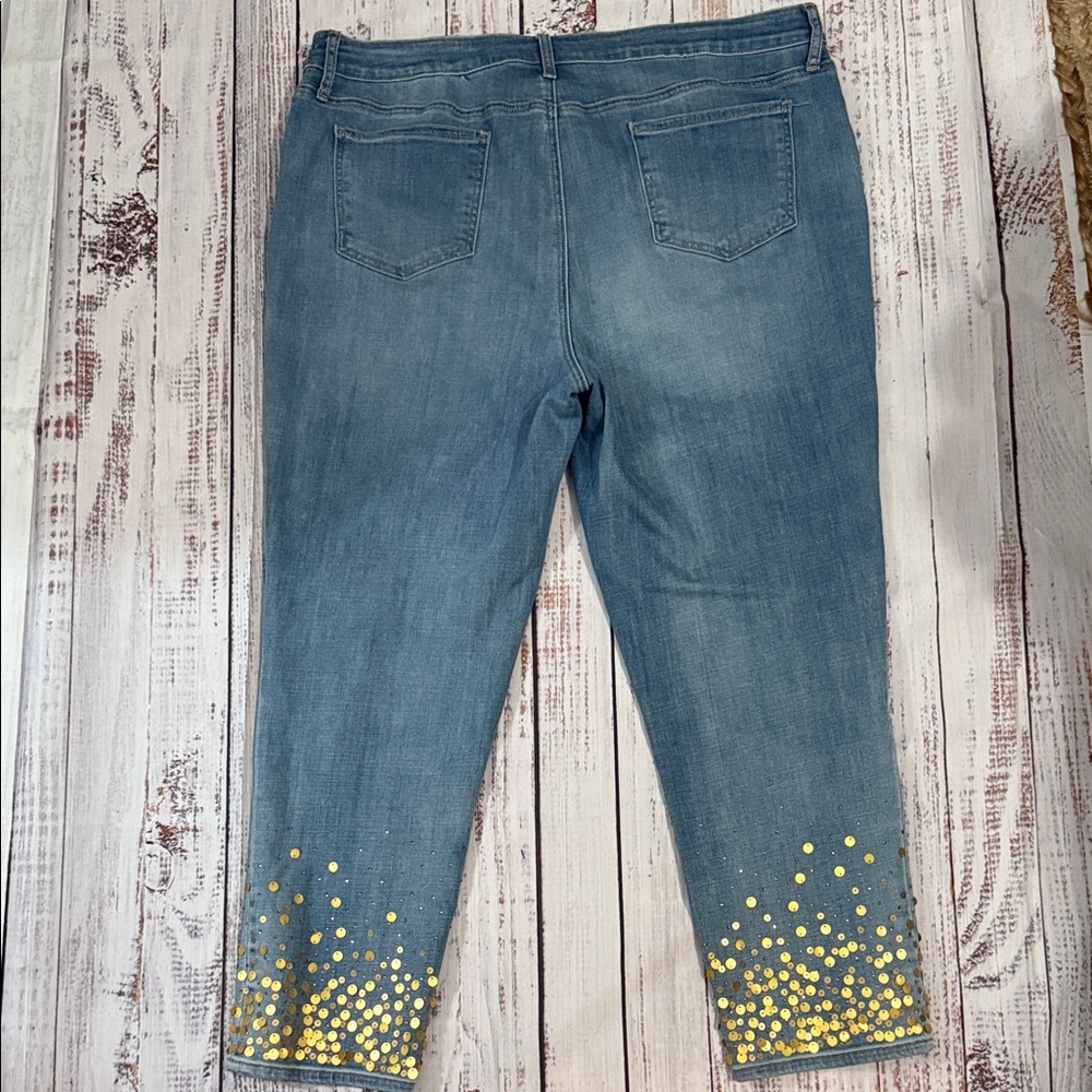 Chico's So Slimming Girlfriend Slim Leg Ankle Jeans with Gold Sequin 1X - Picture 2 of 14